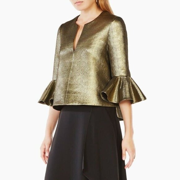 BCBGMaxAzria - Gold Metallic Bell Sleeve "Valari" Blouse sz M - Picture 1 of 6